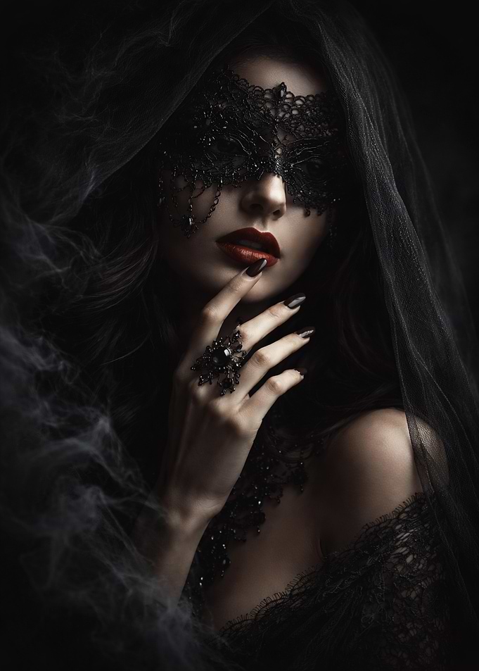 Mysterious Woman in Black Lace Veil