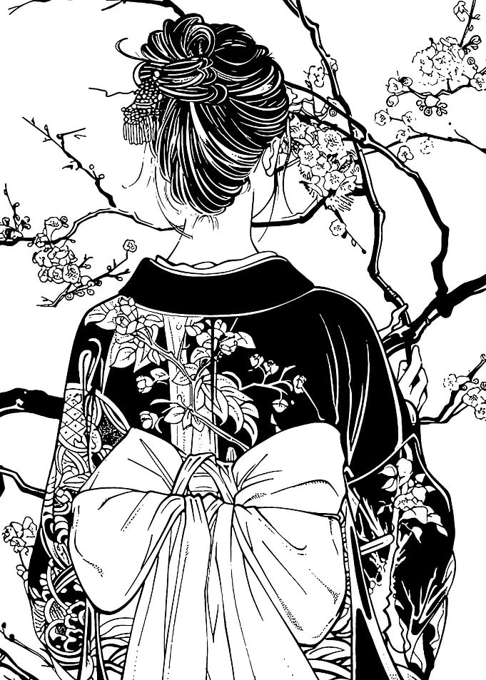 Woman in Kimono with Cherry Blossoms