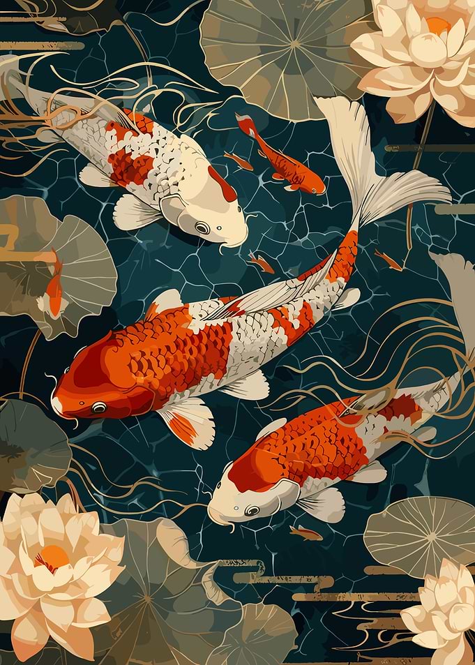 Koi Fish and Lotus Flowers