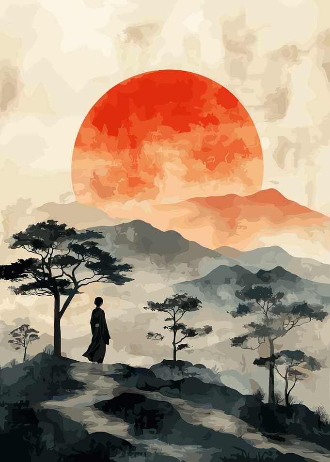 Solitary figure in a Japanese landscape