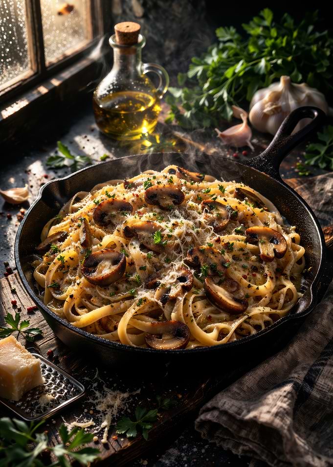 Mushroom Fettuccine in Cast Iron Skillet