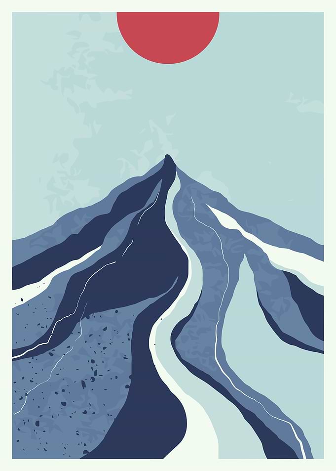 Abstract Mountain Poster, Blue Landscape Wall Art, Minimalist Red Sun Nature Print