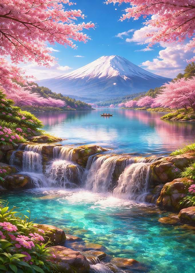 Mount Fuji with Cherry Blossoms and Waterfall