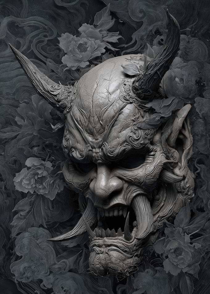Demon Mask with Floral Background