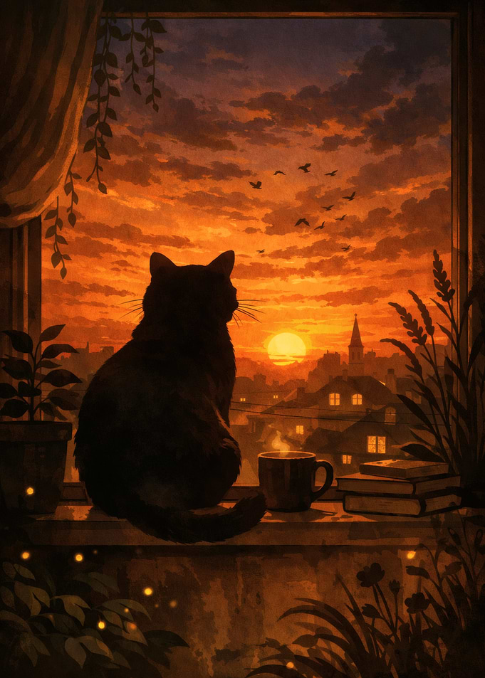 Cat watching sunset over city
