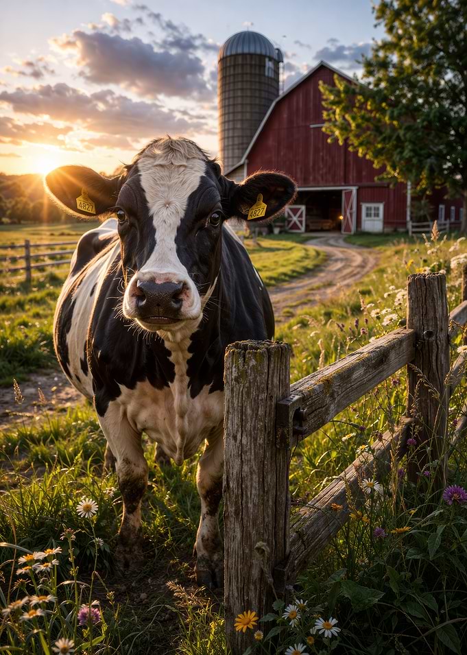 Cow in a field at sunset
