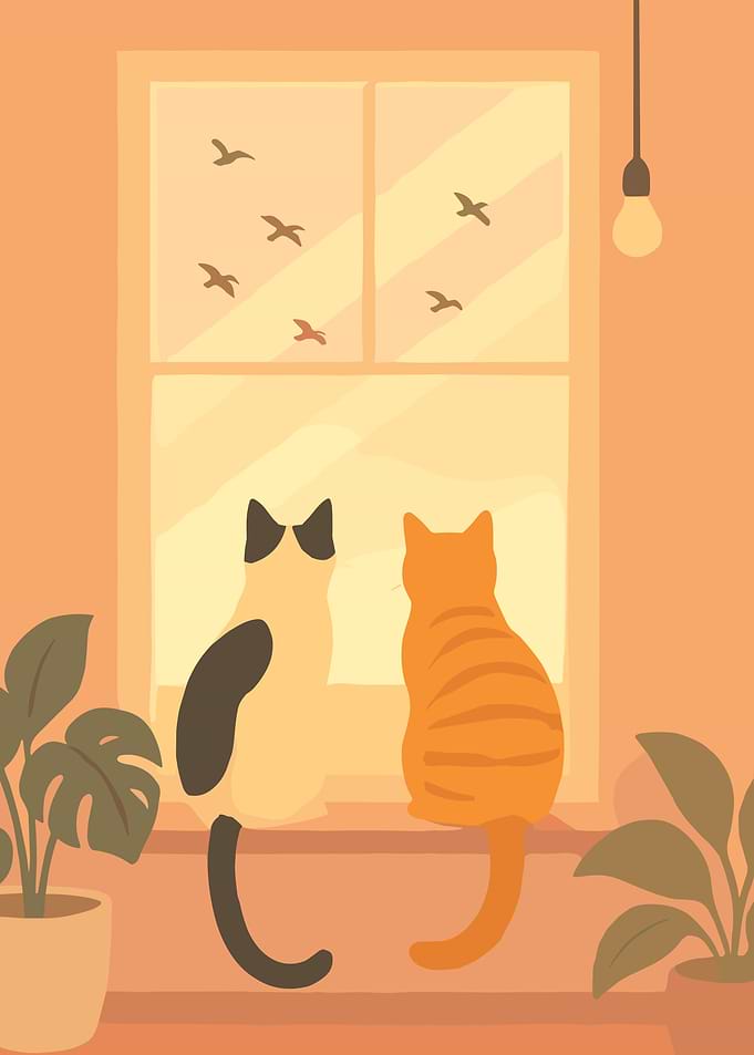 Two Cats on Windowsill Poster, Cozy Minimalist Cat Wall Art, Warm Home Decor Print