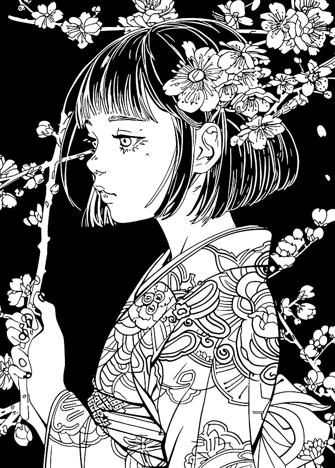 Girl in Kimono with Cherry Blossoms