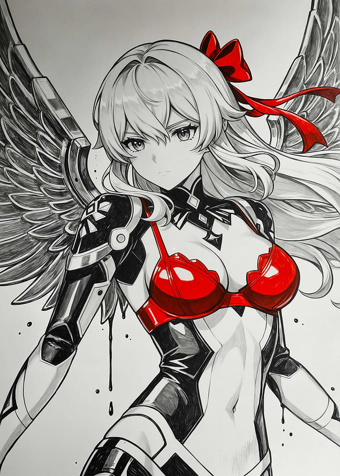 Anime Girl with Wings and Red Outfit