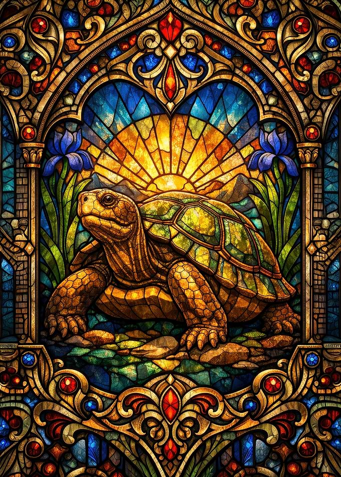 Stained Glass Turtle and Sunrise