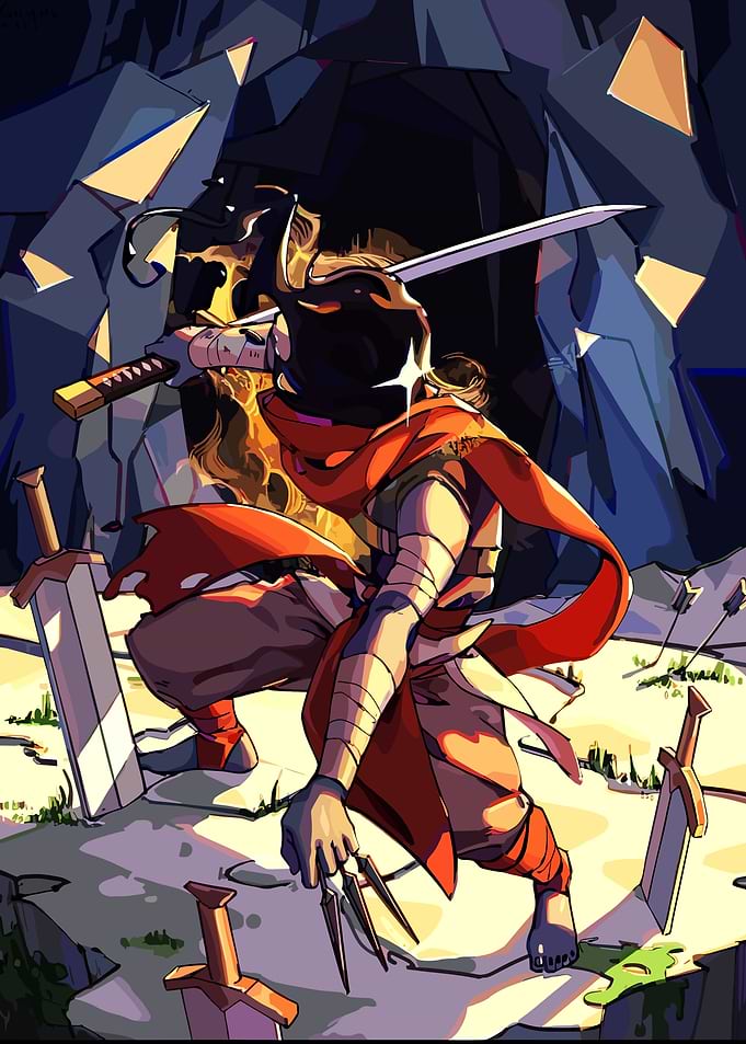 Warrior in Cave with Swords