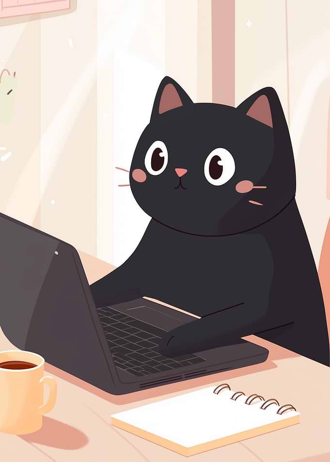 Cute Black Cat Working on Laptop
