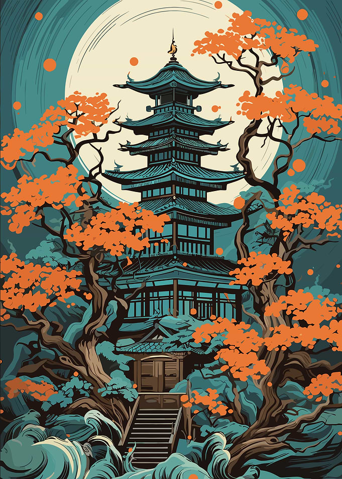 Japanese Pagoda with Autumn Trees