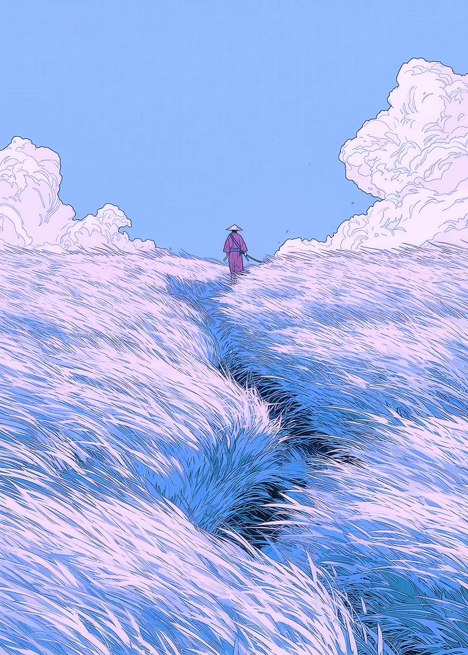 Samurai walking through a grassy field