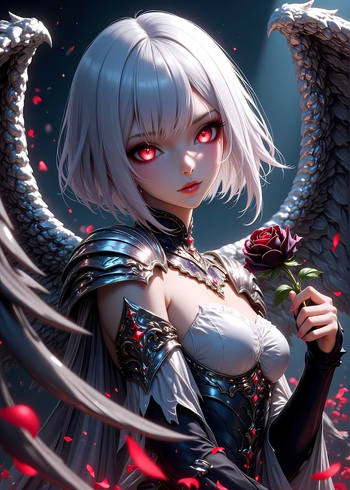 Anime Angel with Red Eyes and Rose