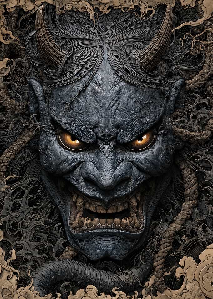Demonic Oni Mask with Fiery Eyes
