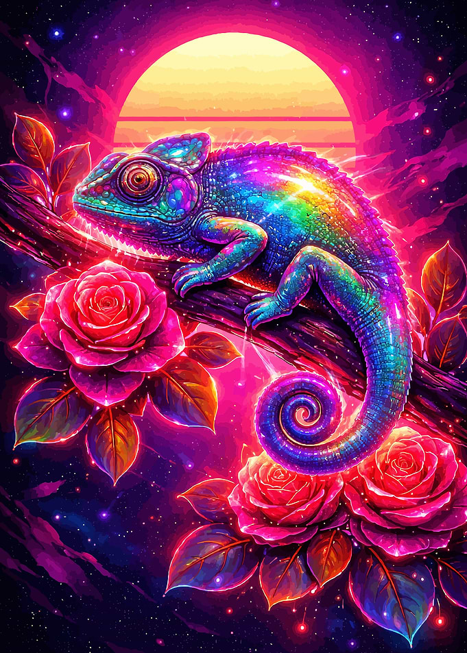 Rainbow Chameleon on a Branch with Roses