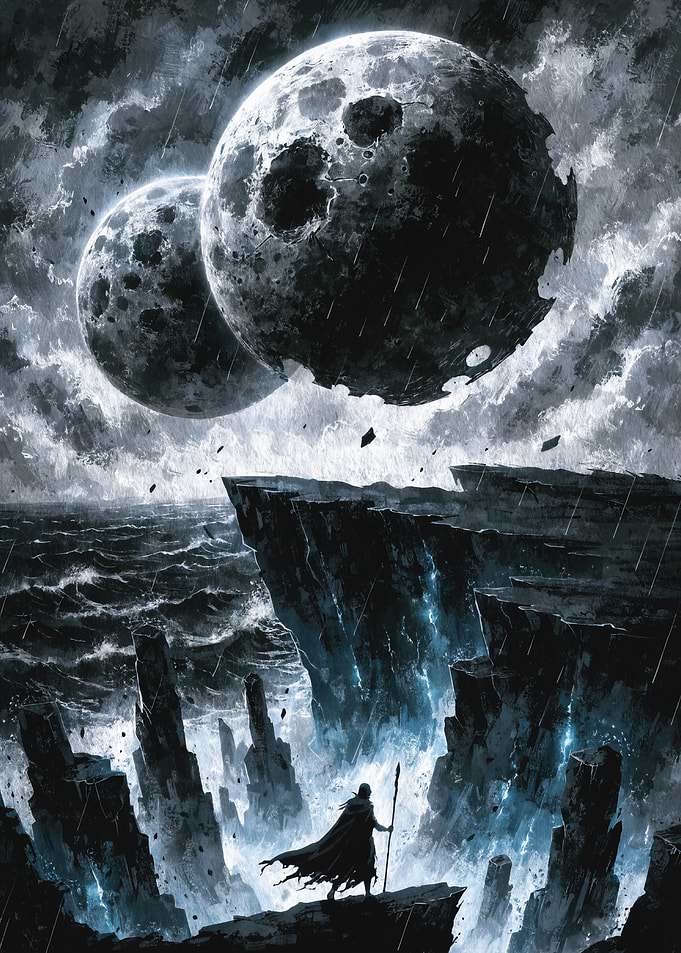 Figure on Cliff Under Two Moons