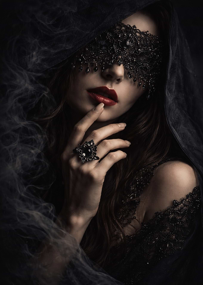 Mysterious Woman in Black Lace Mask