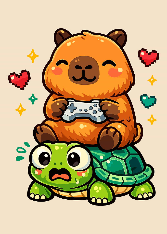Capybara on Turtle Poster, Cute Gaming Animal Wall Art, Funny Video Game Illustration