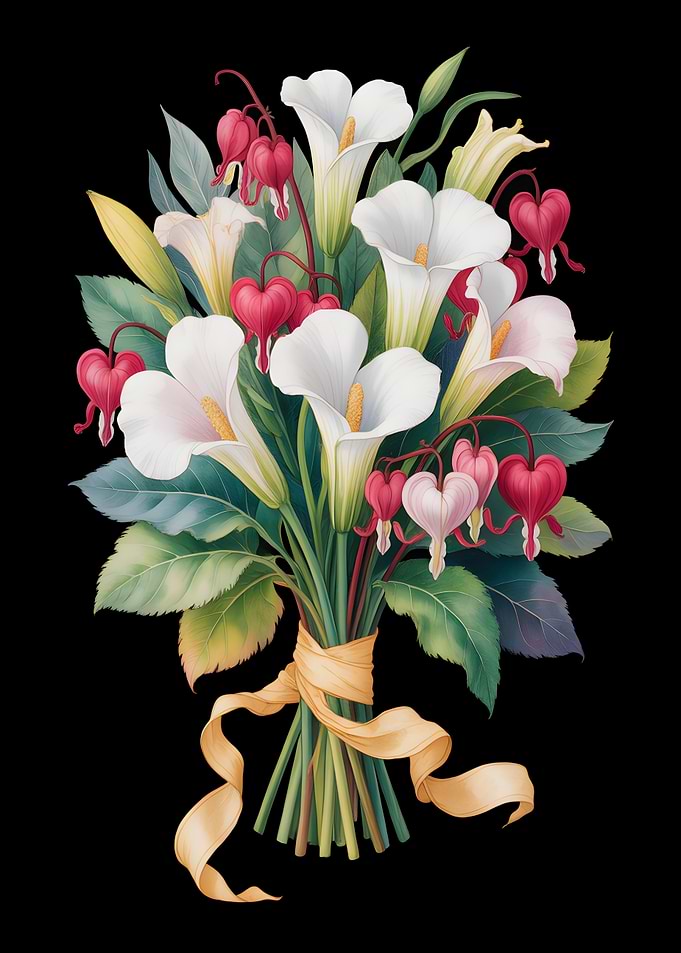 Elegant Callas and Bleeding Hearts Bouquet