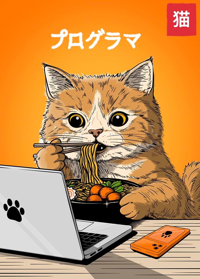 Programmer Cat Eating Ramen