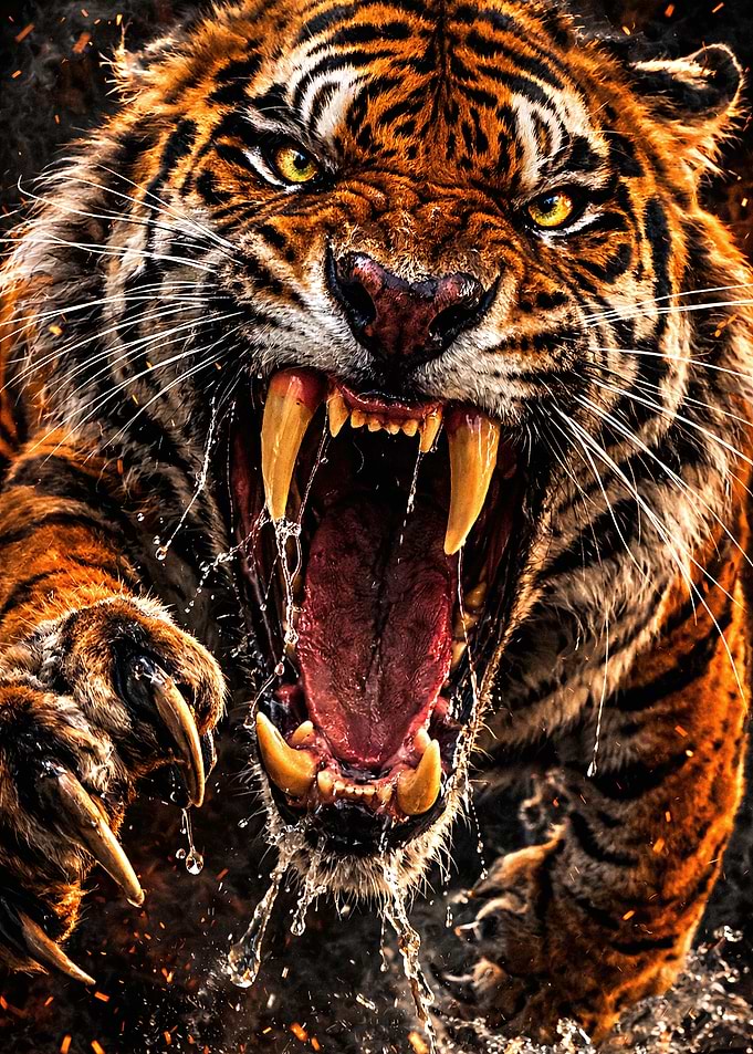Fierce Tiger Roaring with Water Splashes