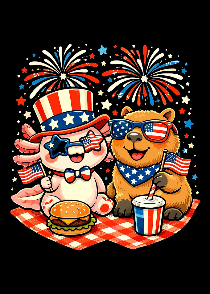 Fourth of July Poster, Patriotic Axolotl & Bear Picnic Wall Art, USA Celebration Print