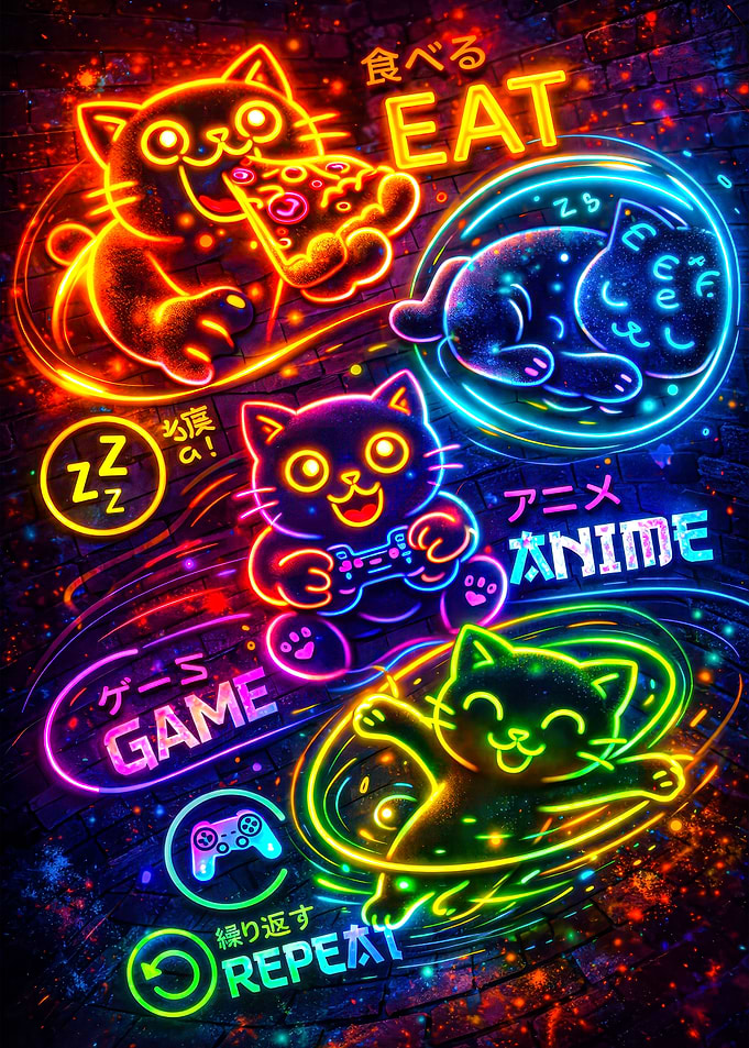 Neon Cats Enjoying Food, Games, and Anime