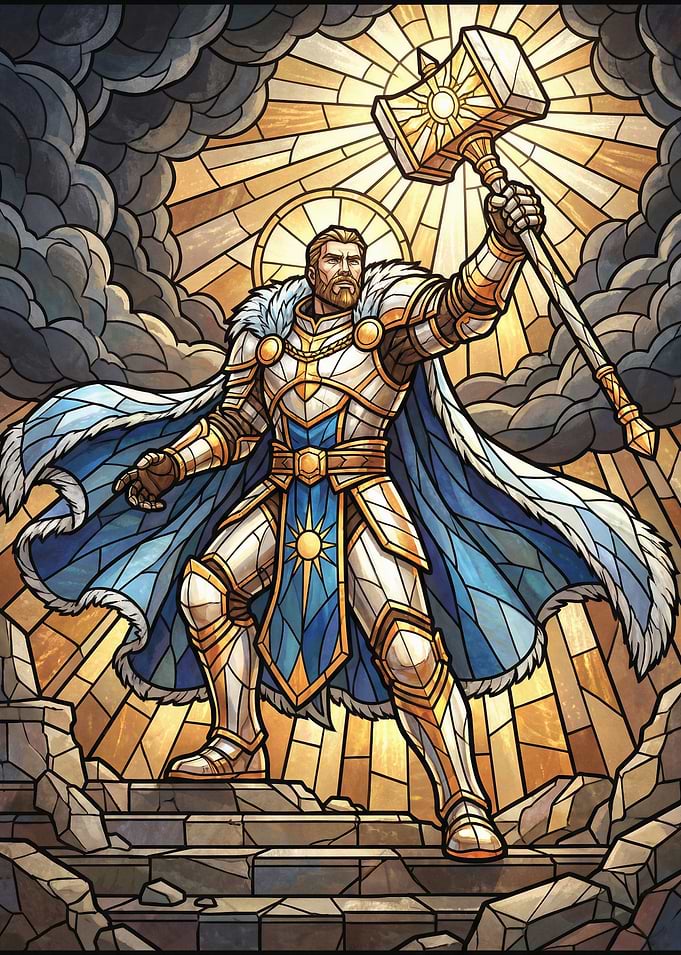 Stained Glass Warrior with Hammer