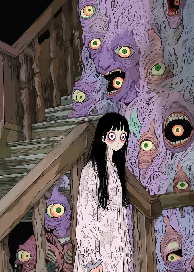 Girl and Creepy Creatures on Stairs
