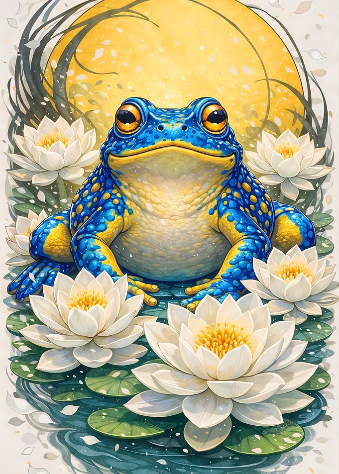 Blue Frog with Lotus Flowers