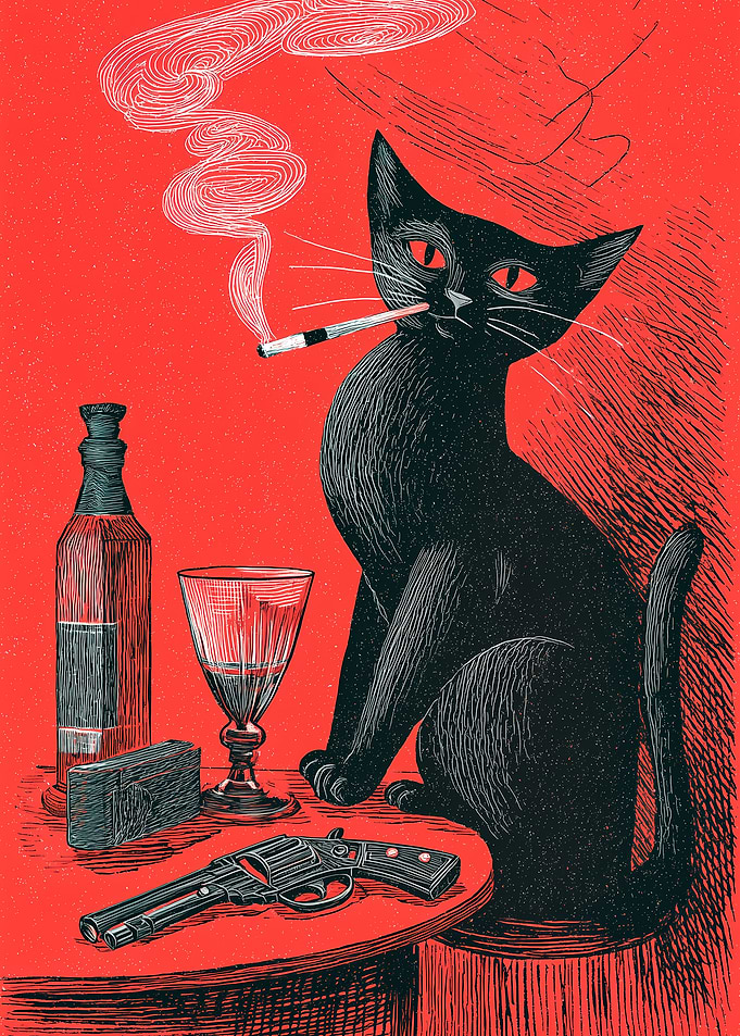 Black Cat with Cigarette and Gun