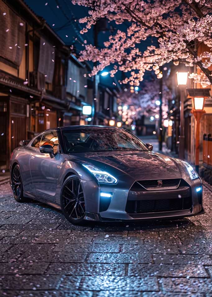 Nissan GT-R R35 Under Cherry Blossoms at Night