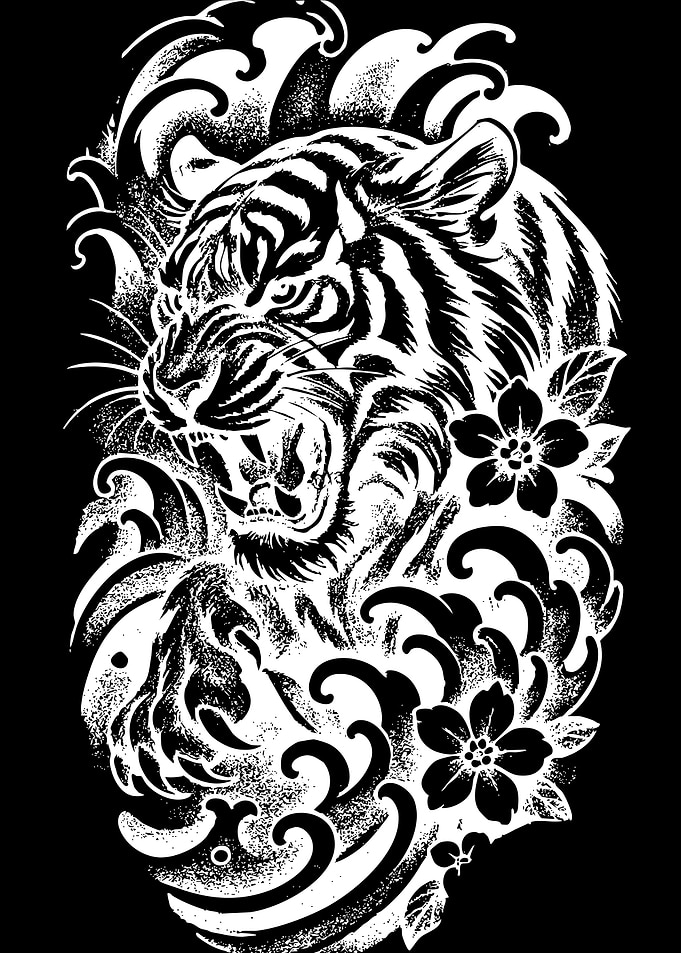 Roaring Tiger with Waves and Flowers