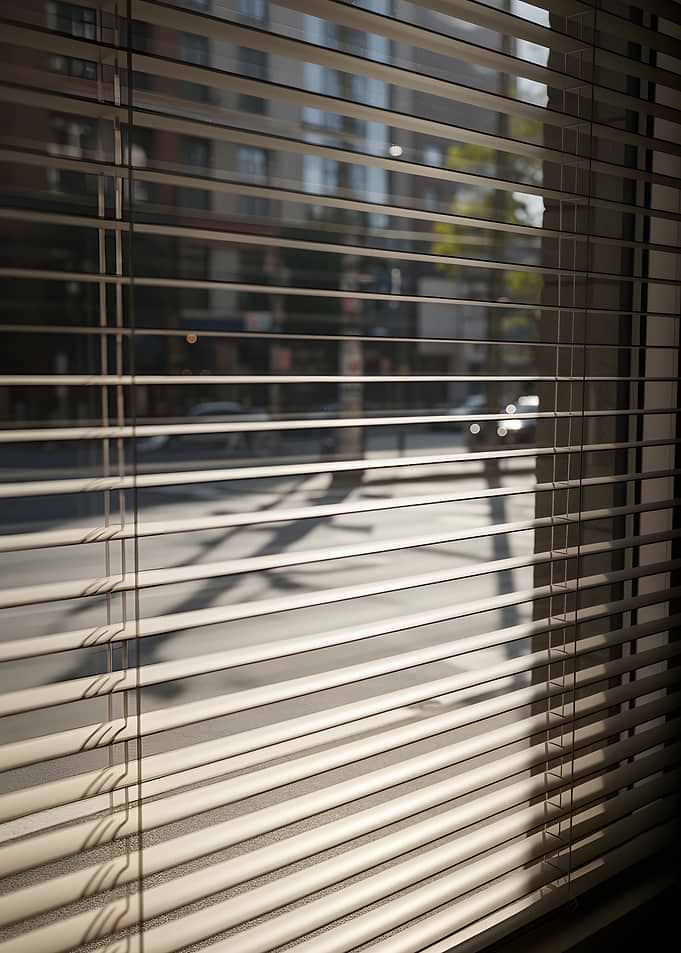 Cityscape seen through blinds