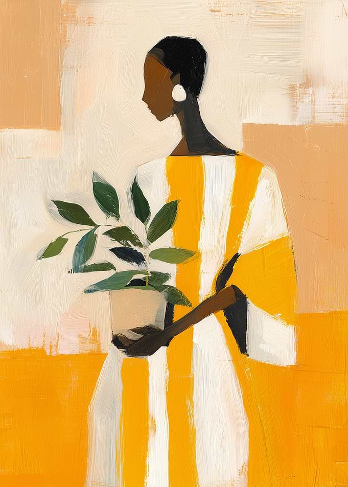 Woman in striped dress holding plant