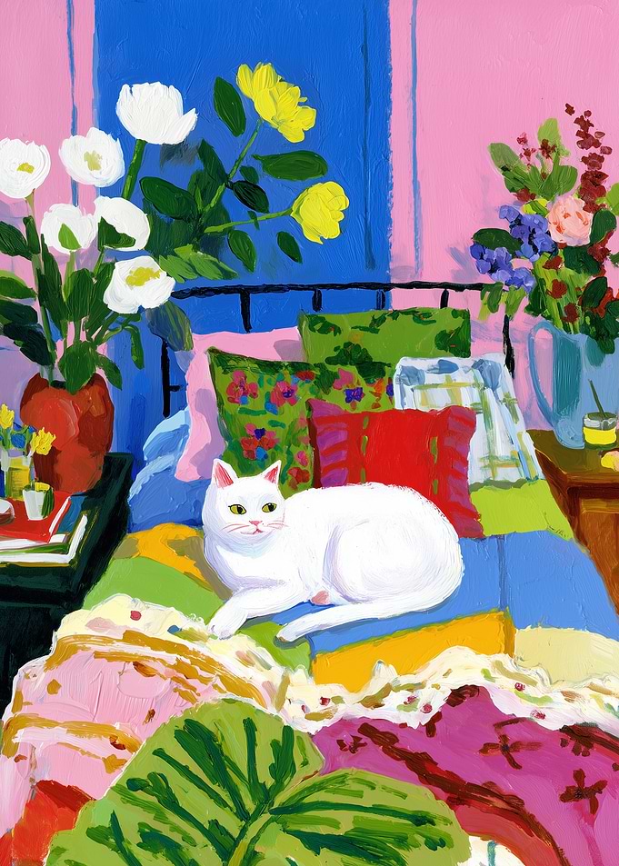 White Cat on a Colorful Quilt Bed