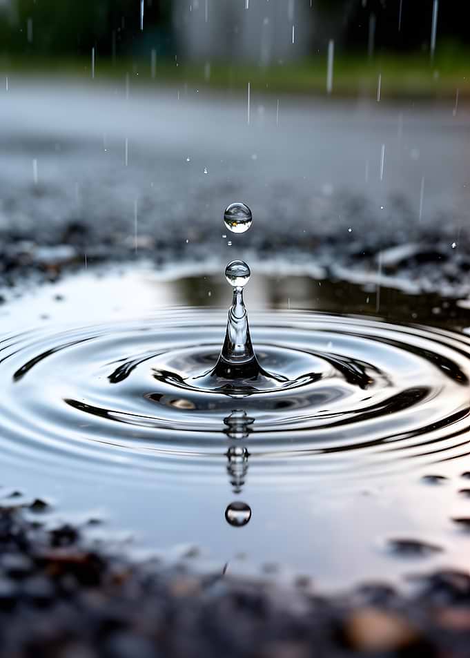 Raindrops Falling into Puddle