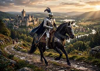 Knight on horseback near a castle