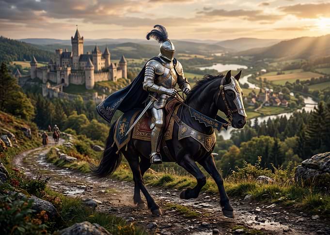 Knight on horseback near a castle