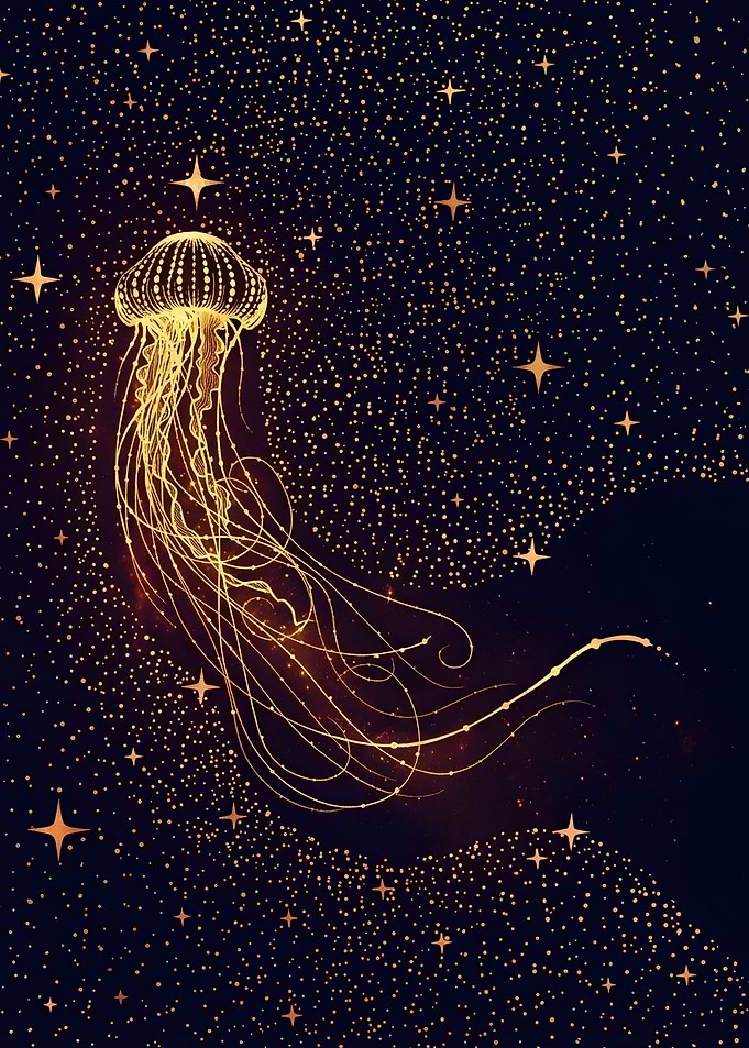 Golden Jellyfish in Starry Night Sky
