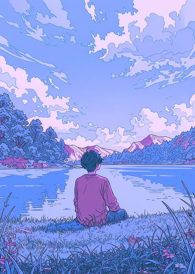 Person sitting by a lake