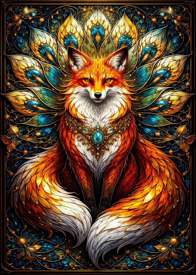 Ornate Fox with Peacock Feathers
