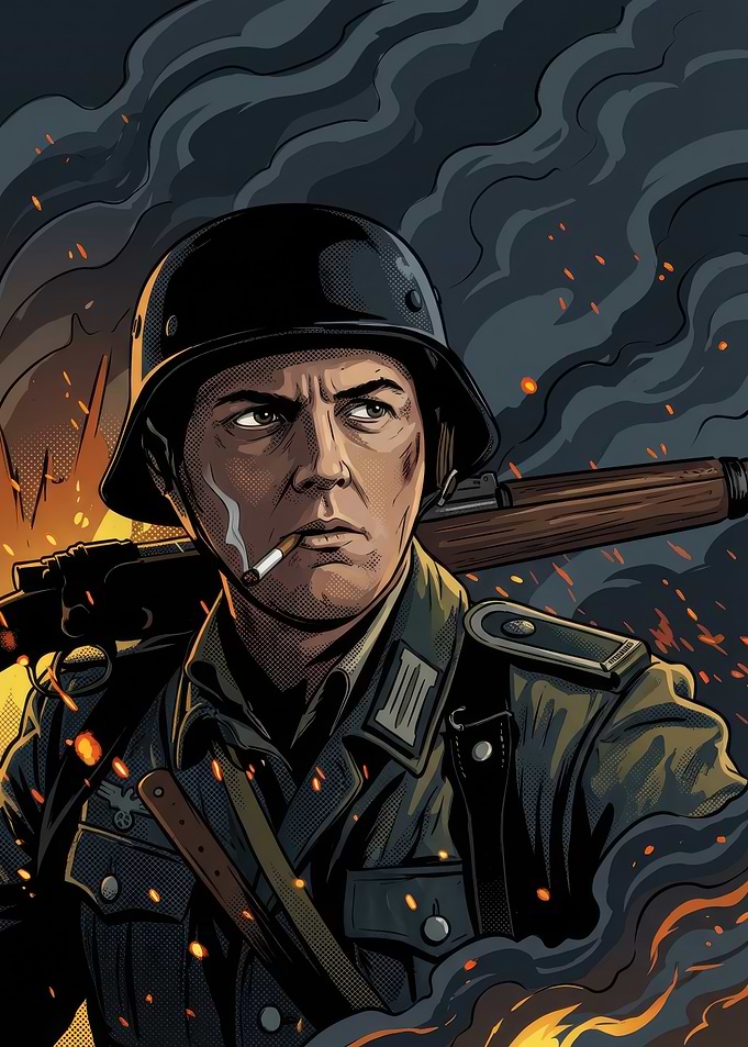 German soldiers Smoking in War Zone