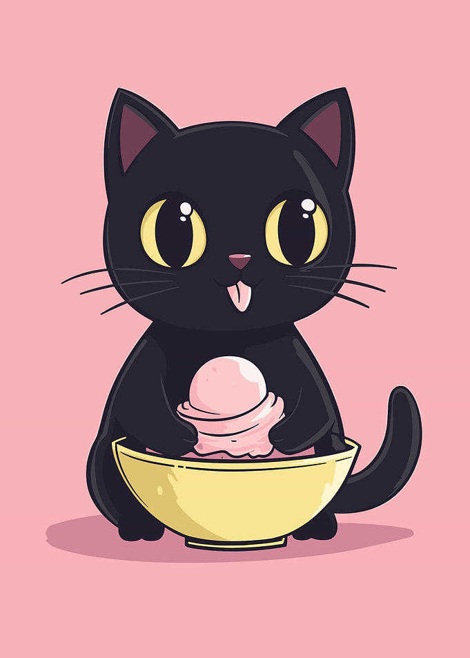 Cute Black Cat Eating Ice Cream