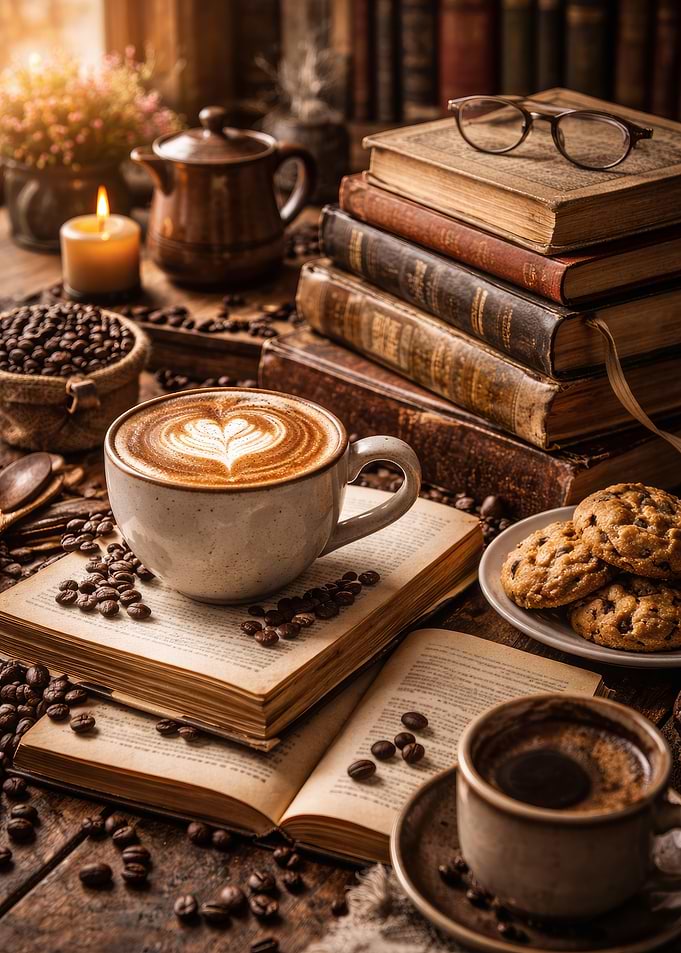 Cozy Reading Corner with Coffee and Books