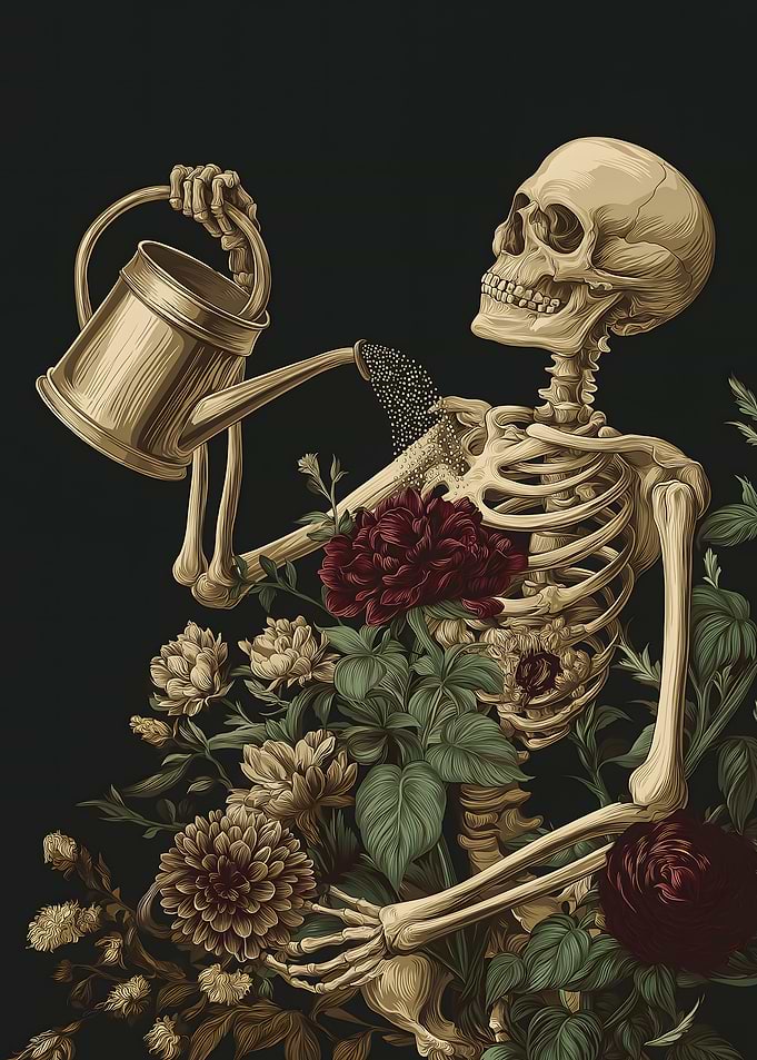 Skeleton watering flowers