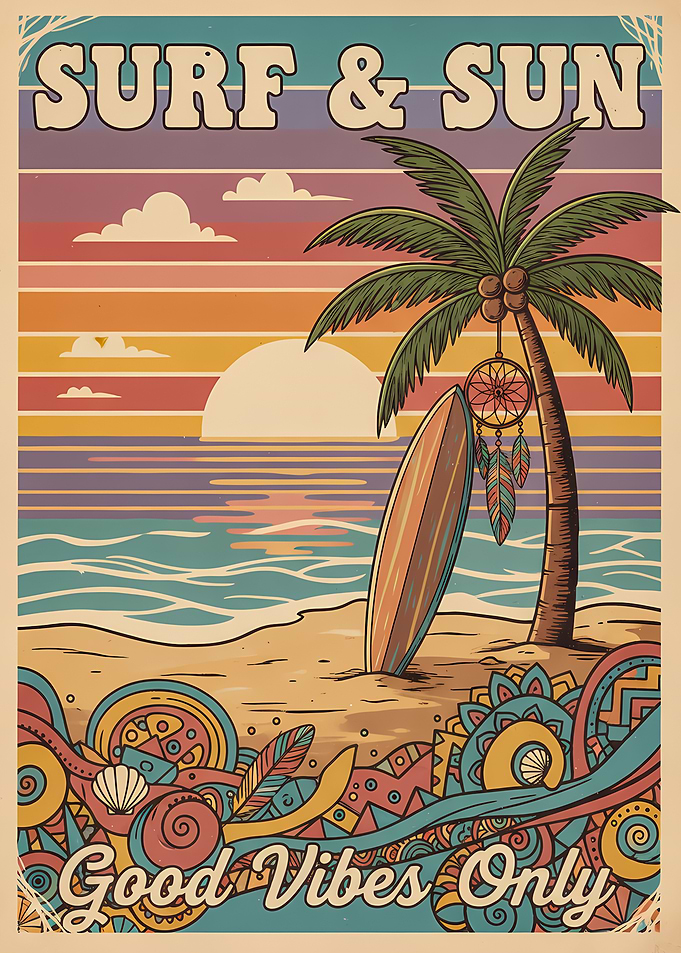 Surf and Sun Retro Beach Poster