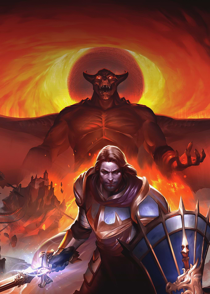 Knight vs Demon in Fiery Landscape